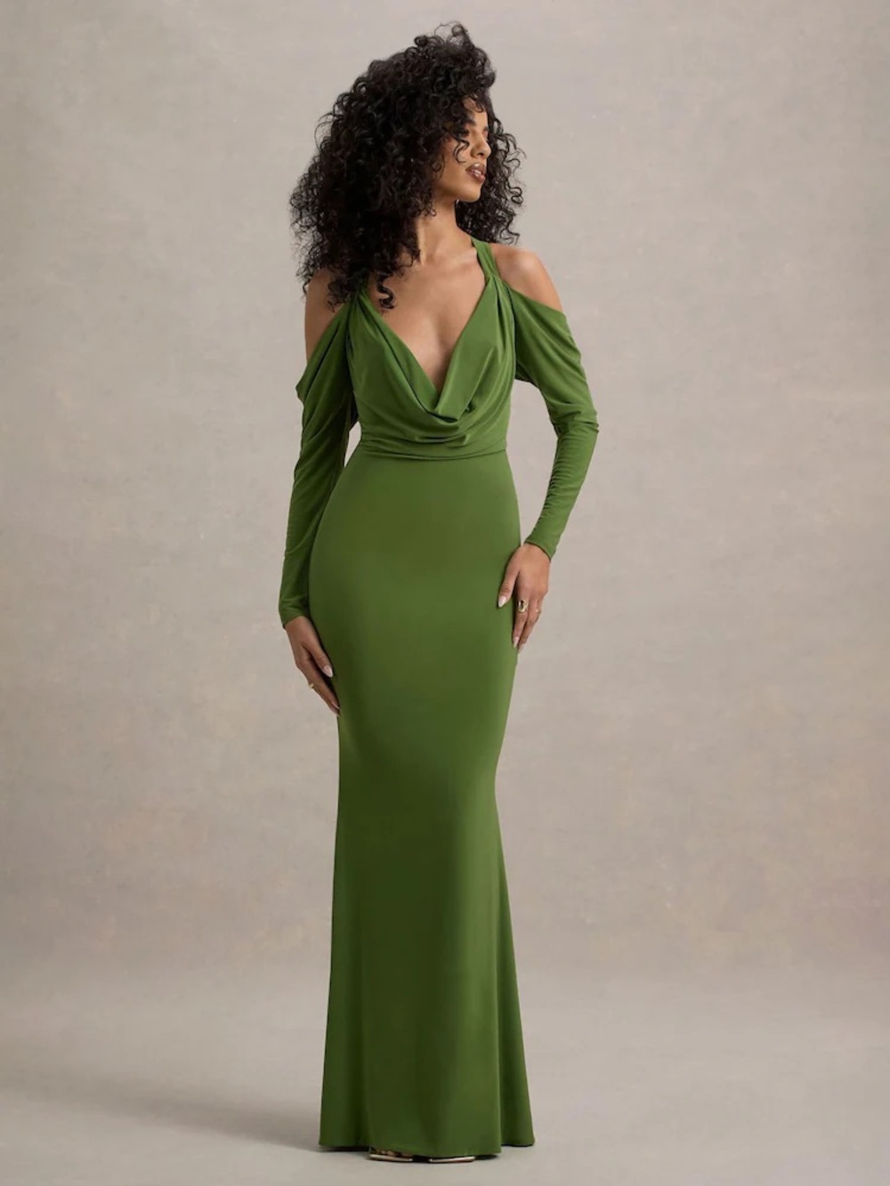 NWT Club L London Hurghada Green Plunge Long Sleeve Maxi Dress Green Size 6 - Picture 2 of 9